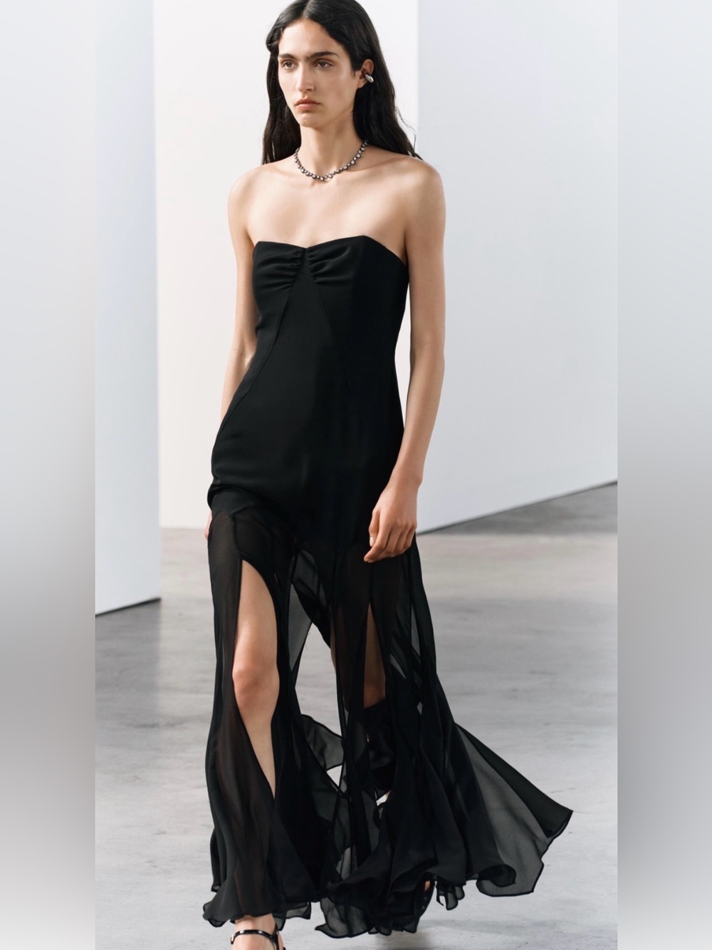 Zara Semi Sheer Strapless Corset Maxi Dress Black Size M NWT